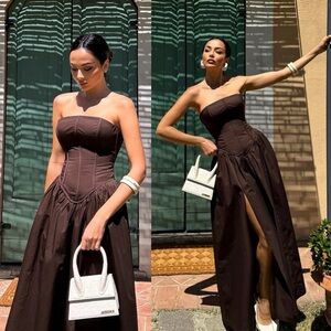 LPA Giana Strapless Boned Bodice Cotton Dress Chocolate Brown